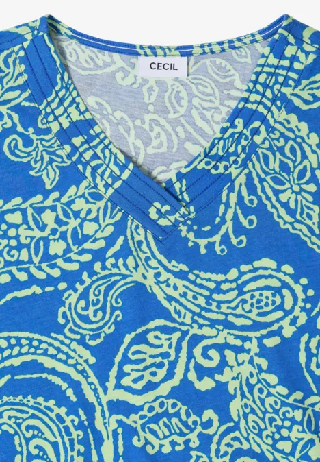 Blaues Damen-Shirt mit V-Ausschnitt und hellgrünem Paisley-Muster (Marke CECIL)