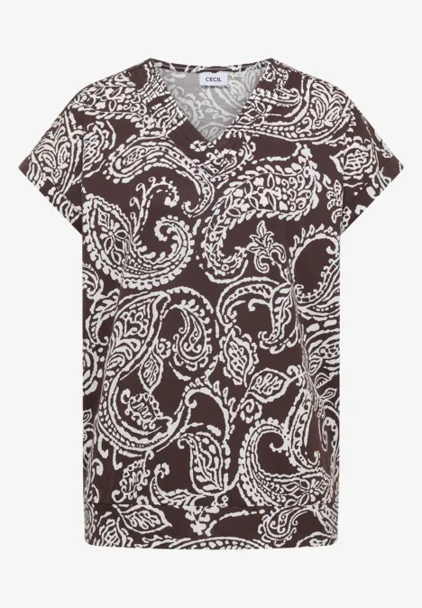 T-Shirt mit V-Neck und Print brown cacao Kurzärmeliges T-Shirt mit V-Ausschnitt, dunklem Grund und weißem Paisley-Muster.
