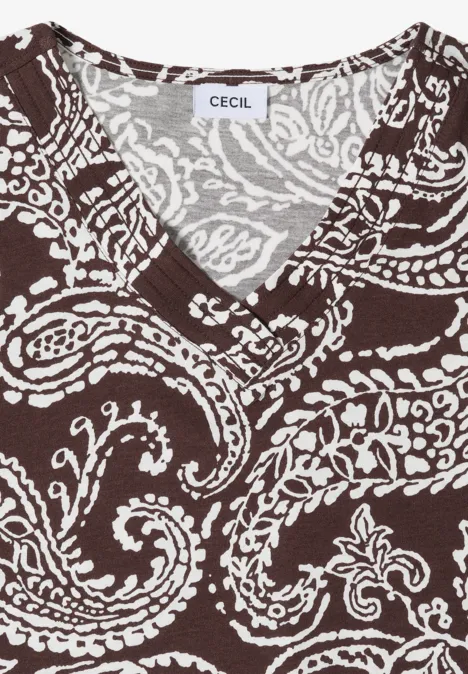 T-Shirt mit V-Neck und Print brown cacao Braunes V-Ausschnitt-Shirt mit weißem Paisley-Muster.