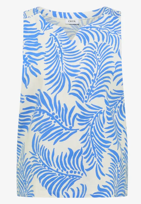 Haut sans manches écru pour femme, motif feuilles bleu clair et encolure ronde.