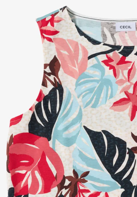 Top mit Rundhals und Blätterprint light alabaster white Ärmelloses Top mit farbenfrohem tropischem Blattmuster in Rot, Blau, Schwarz und Rosa auf hellem Grund.