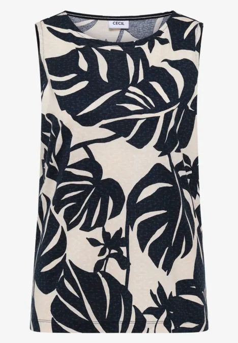 Top met ronde hals en bladprint palm breeze green Mouwloos top met grote zwarte monstera- of palmtakken op een crèmekleurige achtergrond.