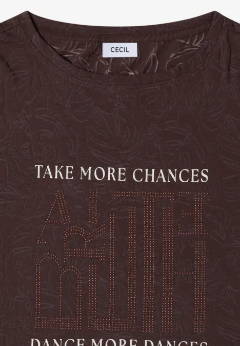 T-Shirt in Ausbrenner-Optik brown cacao Braunes T-Shirt mit Aufschrift "TAKE MORE CHANCES" und angedeuteter Stadtgrafik