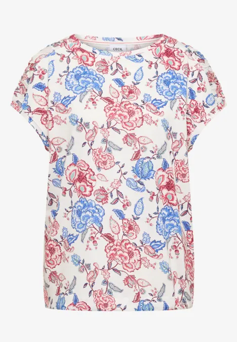 Kurzarm Shirt mit Boatneck und Raffung vanilla white Weiße Bluse mit kurzem Arm und blau-rotem Blumenmuster.