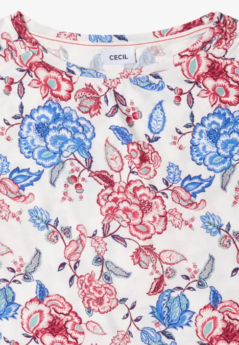 Kurzarm Shirt mit Boatneck und Raffung vanilla white Weißes Shirt mit rot-blauem Blumenmuster