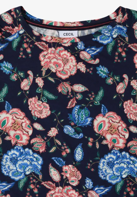 Kurzarm Shirt mit Boatneck und Raffung urban dark blue Dunkelblaue Bluse mit buntem Blumenmuster in Rot und Blau.
