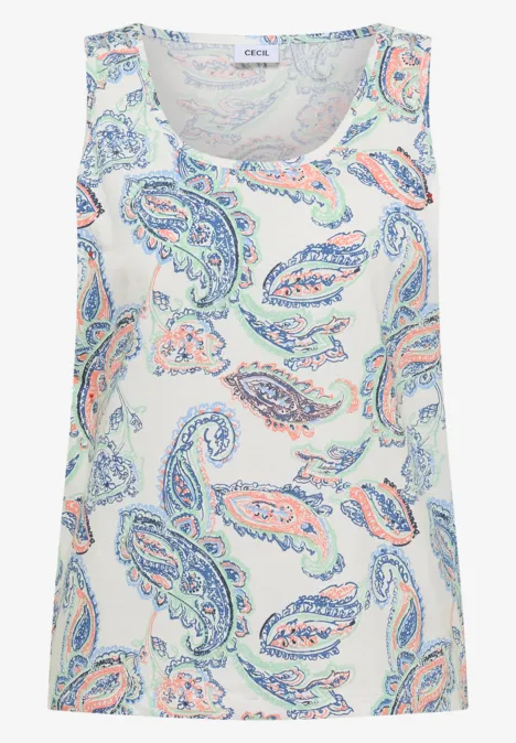 Top mit gerundetem V-Neck und Flechtdetail vanilla white Weißes ärmelloses Oberteil mit buntem Paisley-Muster.