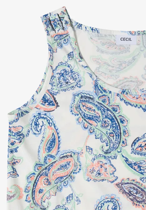 Top mit gerundetem V-Neck und Flechtdetail vanilla white Weißes ärmelloses Top mit buntem Paisley-Muster in Blau, Grün und Orange.