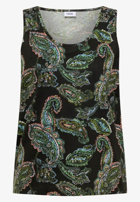 Top mit gerundetem V-Neck und Flechtdetail raw khaki Ärmelloses Top mit buntem Paisley-Muster auf schwarzem Grund.