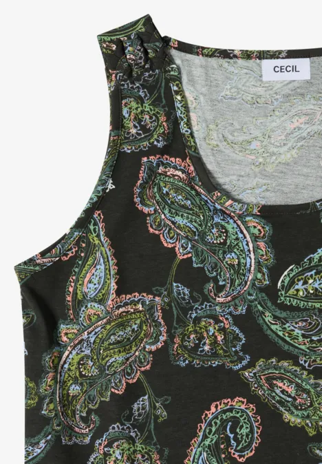 Top mit gerundetem V-Neck und Flechtdetail raw khaki Ärmelloses schwarzes Top mit buntem Paisley-Muster und CECIL-Label.