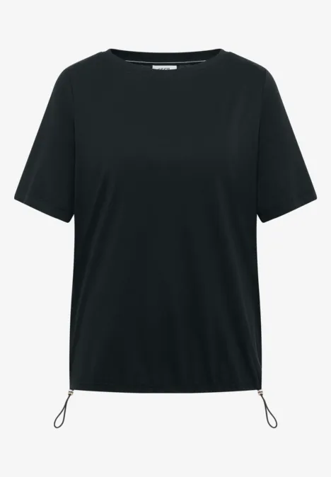 Schwarzes T-Shirt mit kurzen Ärmeln und verstellbaren Kordeln am Saum.