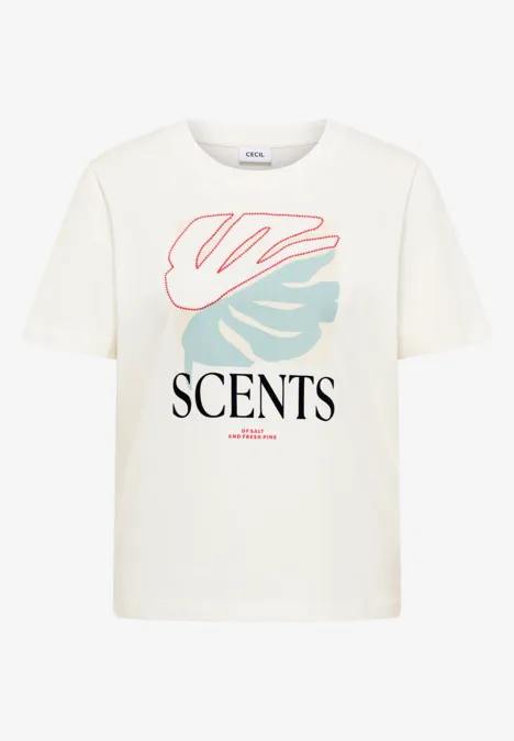 T-Shirt mit Rundhals und Frontprint vanilla white Weißes T-Shirt mit Grafikprint: abstrakter Blatt und 'SCENTS' Schriftzug.