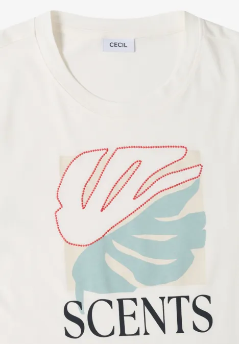 T-Shirt mit Rundhals und Frontprint vanilla white Weißes T-Shirt mit abstraktem Blätter-Print und Schriftzug 'SCENTS' vorne.
