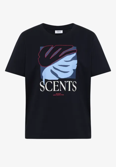 T-Shirt mit Rundhals und Frontprint universal blue Schwarzes T-Shirt mit abstraktem blau-rotem Muster und weißem 'SCENTS'-Print.