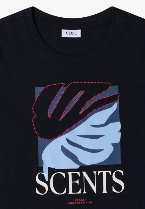 T-Shirt mit Rundhals und Frontprint universal blue Schwarzes T-Shirt mit stilisiertem Blattmotiv in Blau und Rot und dem Schriftzug "SCENTS".