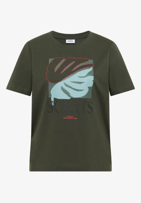T-Shirt mit Rundhals und Frontprint khaki Dunkelgrünes Herren-T-Shirt mit kurzem Arm und zweifarbiger Blatt-Grafik auf der Brust.