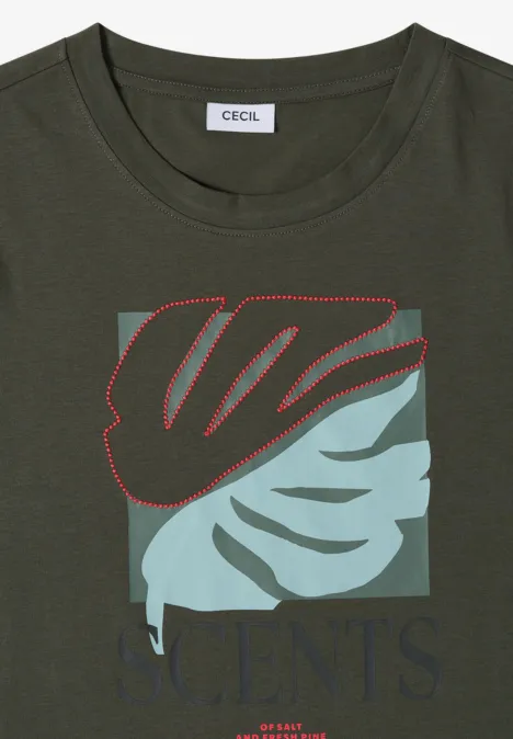 T-Shirt mit Rundhals und Frontprint khaki Olivgrünes T-Shirt mit abstrakter Blattgrafik in Hellgrün und roten Konturen.