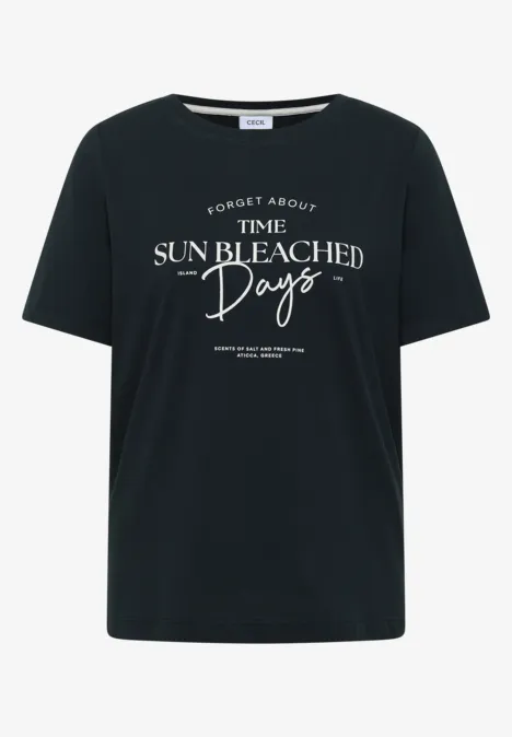 T-Shirt mit Boat Neck und Wording Artwork palm breeze green Schwarzes T-Shirt mit weißem Schriftzug "The Sun Bleached Days".