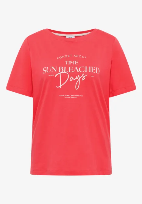 T-Shirt mit Boat Neck und Wording Artwork coral Rotes T-Shirt mit kurzem Schnitt und weißem Print 'The sun bleached days'.