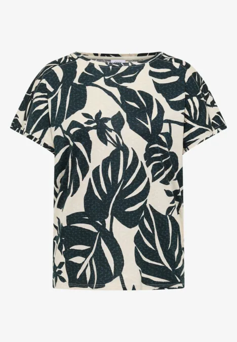 Creme T-shirt met korte mouwen en groot zwart tropisch bladerenprint.
