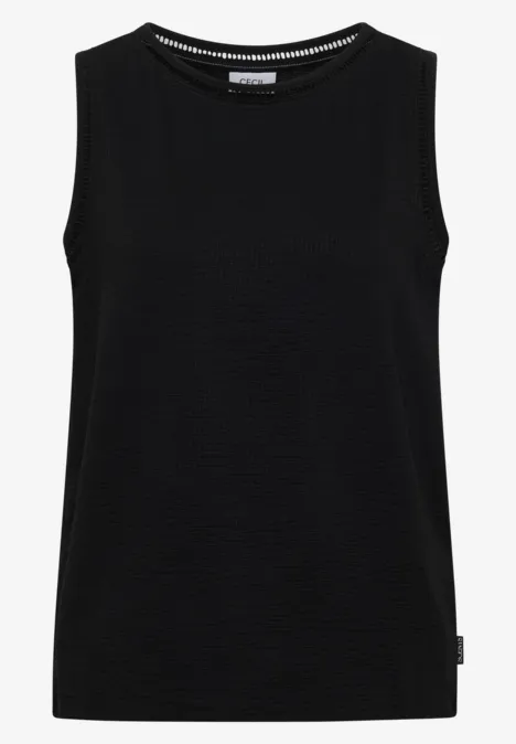 Ärmelloses schwarzes Top mit rundem Ausschnitt aus strukturiertem Material.