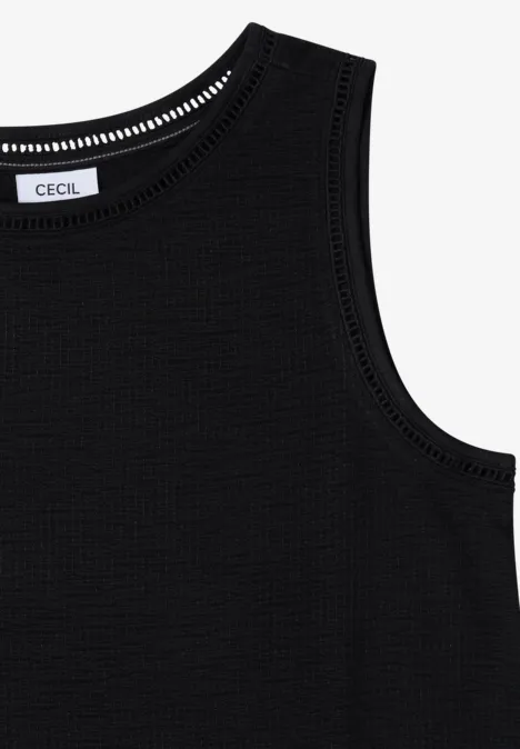 Schwarzes, ärmelloses Rippshirt mit rundem Ausschnitt.