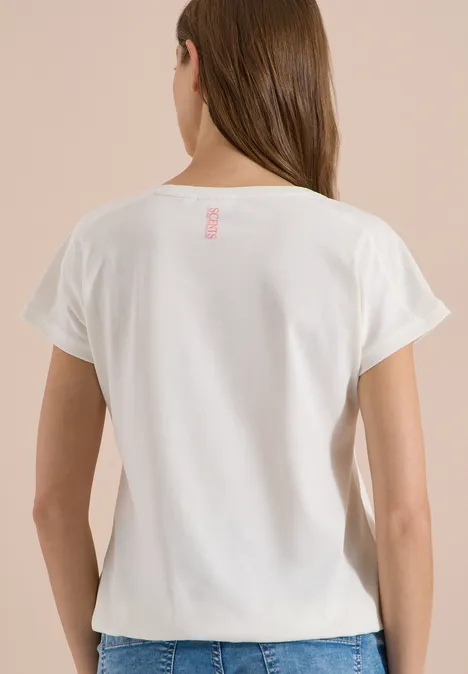 Shirt met ronde hals en borduursel vanilla white Achteraanzicht van een vrouw met bruin haar die een eenvoudig wit T-shirt met korte mouwen draagt.