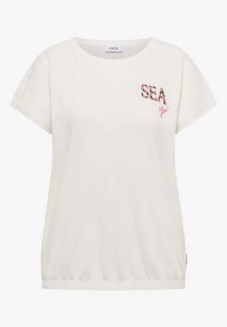 Shirt met ronde hals en borduursel vanilla white Wit T-shirt met korte mouwen, rode letters SEA en een kleine zeesterprint op de borst.