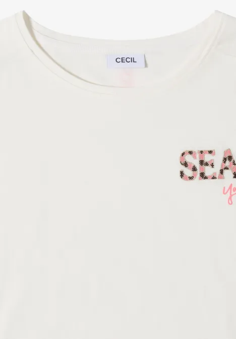 Shirt met ronde hals en borduursel vanilla white Witte T-shirt met ronde hals en subtiele 'SEA'-print in bloemenmotief, merk CECIL.