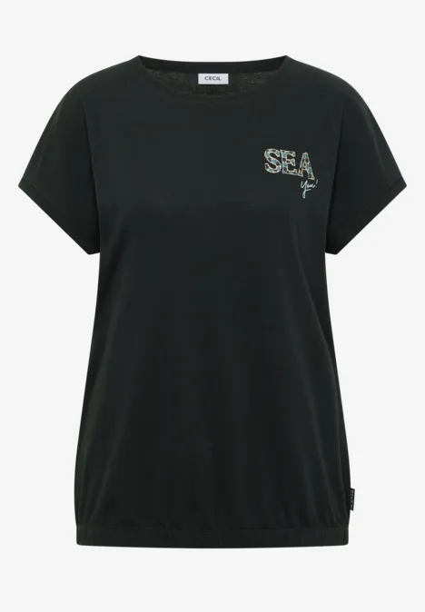 Shirt met ronde hals en borduursel palm breeze green Zwart, losvallend T-shirt met korte mouwen, elastische zoom en een kleine "SEA"-print op de borst.