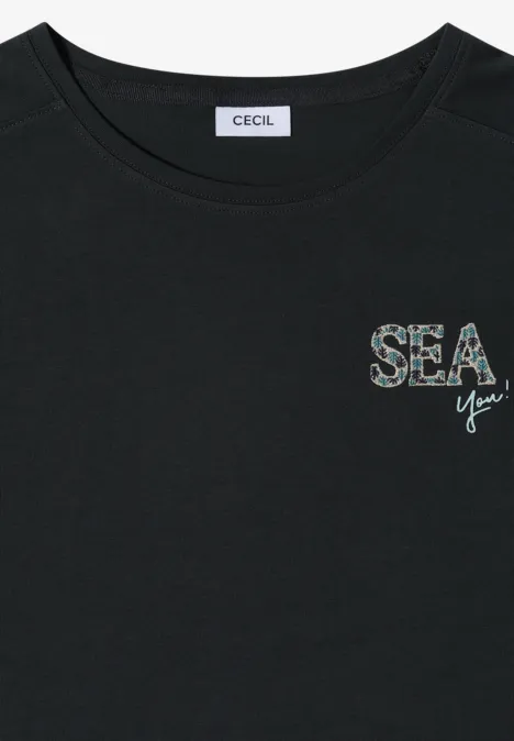 Shirt met ronde hals en borduursel palm breeze green Zwart T-shirt met glinsterende 'SEA'-opdruk en een klein 'You' op de borst.