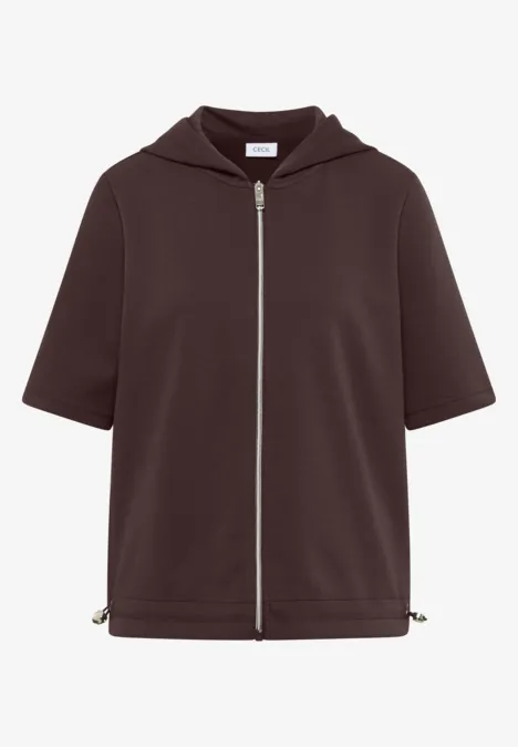 Braune, kurzärmelige Kapuzenjacke mit Reißverschluss und Kordelzug am Saum.
