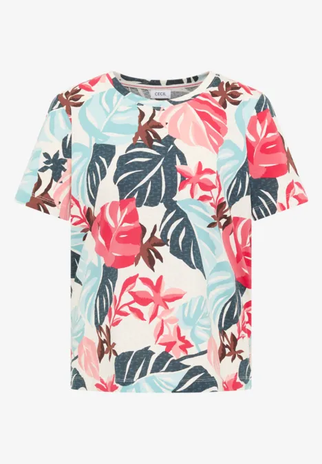 T-Shirt mit Rundhals und Blätterprint light alabaster white Weißes Damen-T-Shirt mit buntem tropischem Blattmuster in Rosa, Blau und Grün.