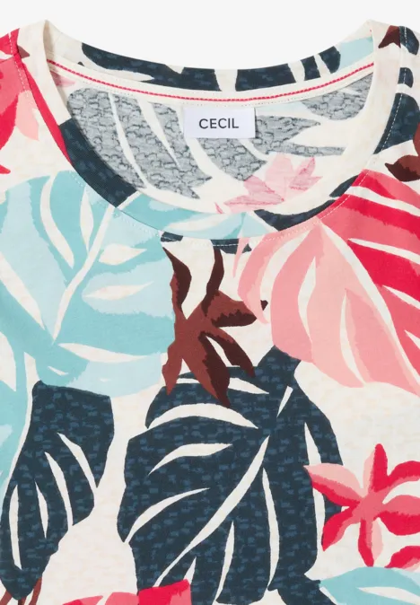 T-Shirt mit Rundhals und Blätterprint light alabaster white Hellgemusterter Stoff mit bunten tropischen Blättern und Blumen, dazu ein CECIL-Label