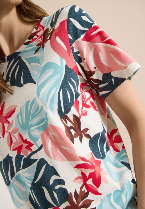 T-Shirt mit Rundhals und Blätterprint light alabaster white Damen-T-Shirt mit kurzem Arm und tropischem Blumen- und Blattmuster in Rosa, Türkis und Marineblau.