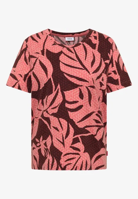 T-Shirt mit Rundhals und Blätterprint coral Kurzärmeliges T-Shirt mit pinken Blättern auf dunklem Hintergrund.