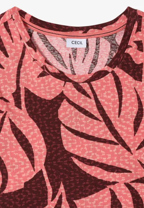 T-Shirt mit Rundhals und Blätterprint coral Rosa-rotes Damen-T-Shirt mit großem Blattmuster und Markenlabel 'CECIL' im Halsausschnitt.