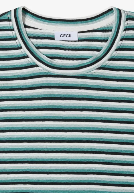 T-Shirt mit Struktur und Streifen palm breeze green Ein gestreiftes T-Shirt in Grün-, Schwarz- und Weißtönen mit rundem Halsausschnitt und Cecil-Label.