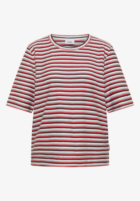 T-Shirt mit Struktur und Streifen brown cacao Gestreiftes T-Shirt mit rot-weiß-schwarzen Streifen und halblangen Ärmeln.