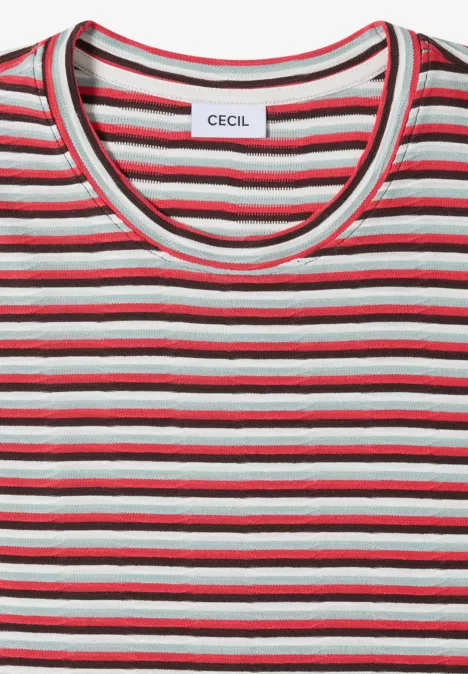T-Shirt mit Struktur und Streifen brown cacao Rotes, weißes und graues gestreiftes T-Shirt mit Rundhalsausschnitt.