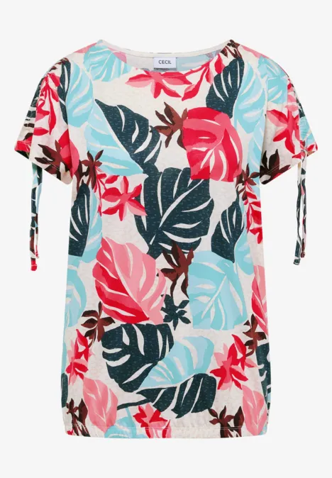 Leichte Bluse mit tropischem Blumen- und Blattmuster in Pink, Türkis und Schwarz; kurze Ärmel mit Bändern.