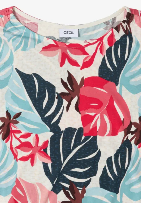 Ärmelloses Damen-Top in Weiß mit tropischem Blumen- und Blattmuster in Rot, Blau und Rosa.