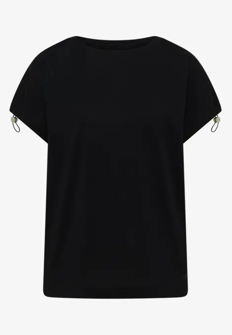 T-Shirt mit Raffung in Unifarbe Black Schwarzes T-Shirt mit kurzem Arm, Rundhalsausschnitt und Reißverschlüssen an den Ärmeln.