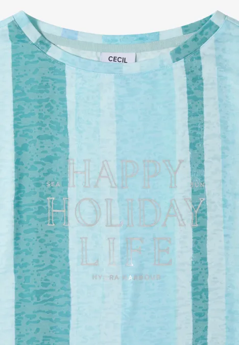 T-Shirt in Ausbrenner-Optik crystal mint Weißes T-Shirt mit hellblauen Streifen und Aufdruck 'HAPPY HOLIDAY LIFE'.