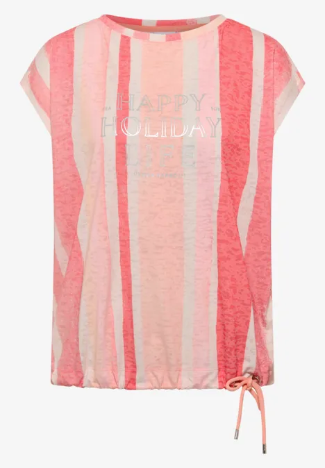 Lockeres Kurzarmshirt mit rosa und pastellfarbenen Streifen, ‚HAPPY HOLIDAY‘-Print und seitlicher Kordel am Saum.