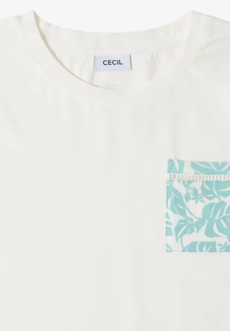 T-Shirt mit Rundhals und Brusttasche vanilla white Weißes T-Shirt mit türkis gemusterter Brusttasche.