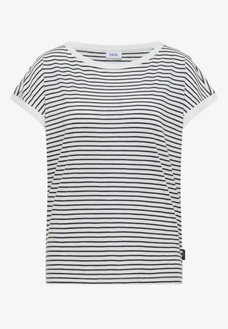 T-Shirt mit Boat Neck und Streifen palm breeze green Weißes T-Shirt mit dünnen schwarzen Querstreifen, kurzen umgeschlagenen Ärmeln und rundem Halsausschnitt.