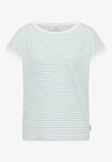 T-Shirt mit Boat Neck und Streifen crystal mint Weißes Damen-T-Shirt mit kurzen Ärmeln und dezenten hellblauen Querstreifen.