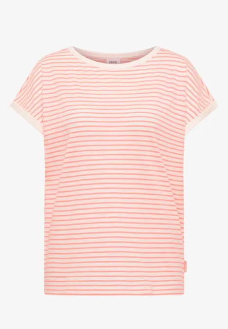 T-Shirt mit Boat Neck und Streifen coral Leichtes T-Shirt mit kurzen Ärmeln und pastellrosanen, weißen Streifen.