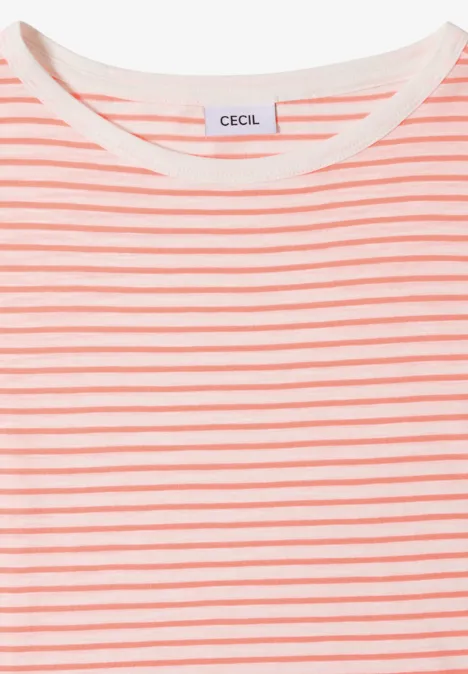T-Shirt mit Boat Neck und Streifen coral Kurzärmeliges Damen-T-Shirt in Weiß mit zarten rosa Streifen und Rundhalsausschnitt